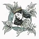 brunette virgo goddess wearing a crown of stars laying in calm water with tulips floating around her tattoo design idea