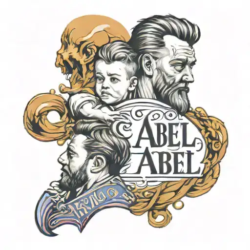 Lettering "ABEL", father and son, back tattoo design idea