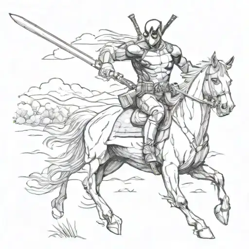 Ignorant style tattoo of deadpool riding a horse galloping through a field tattoo design idea