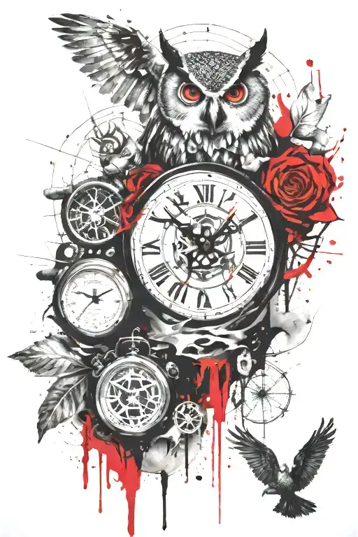 spider, owl, mexican skull, clock, map, compass tattoo design idea