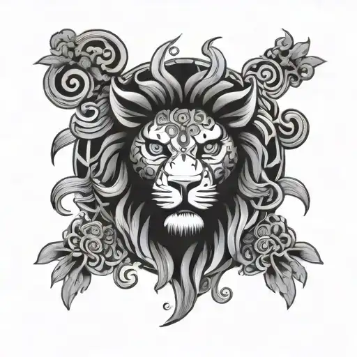 Japanese art neo traditional neck tattoo featuring lion turtle  face on view (symmetrical) black and white tattoo design idea