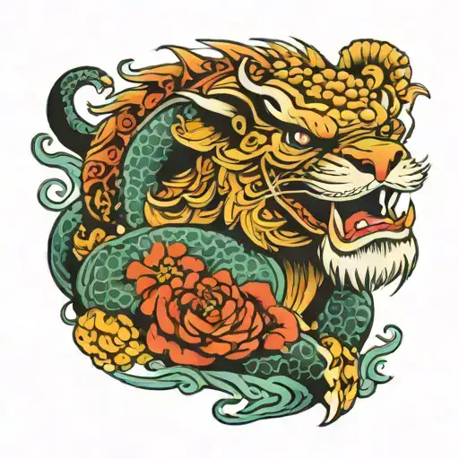 Japanese art neo traditional neck tattoo featuring lion turtle   tattoo design idea