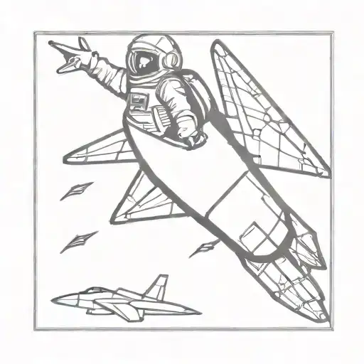 banana astronaut flying on a paper plane giving the middle finger with the shadow of a fighter jet below tattoo design idea
