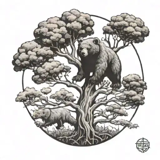 catalpa tree with bear, a flying insect, and a heart represented  tattoo design idea