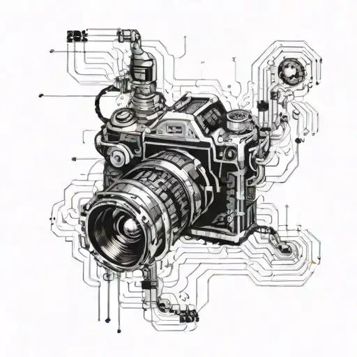 camera and circuit, transition pixelated tattoo design idea