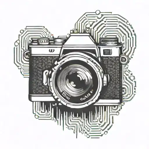 Camera lens with binary code forming a heart shape in the background tattoo design idea