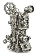 A steampunk-inspired camera with gears and clockwork details tattoo design idea