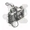 camera and circuit, transition pixelated tattoo design idea