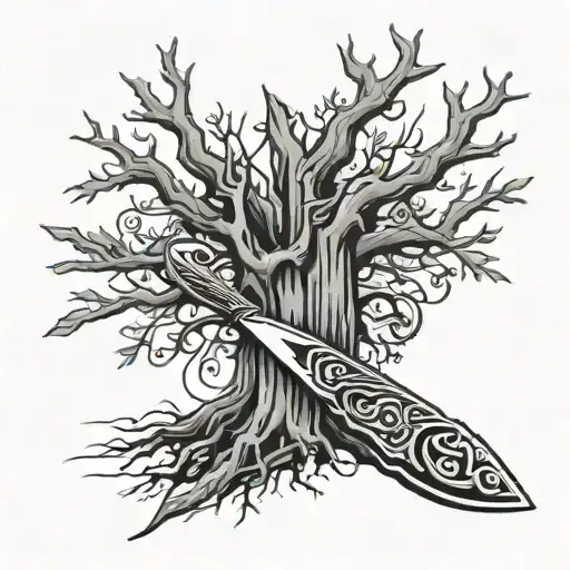 A black-grey tattoo of a pocketknife morphing into a tree trunk, with musical notes dancing around the branches, combining the client's interests in tools and music tattoo design idea