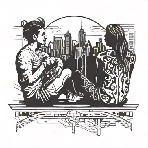 A minimalist tattoo design of two friends sitting together, with a silhouette of a city skyline in the background tattoo design idea