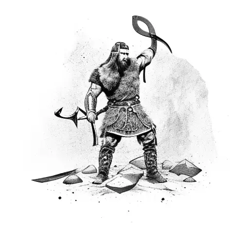 A fierce Viking warrior standing on a battlefield, bloodied axe in hand, surrounded by ancient Viking runes tattoo design idea