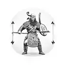 A fierce Viking warrior standing on a battlefield, bloodied axe in hand, surrounded by ancient Viking runes tattoo design idea