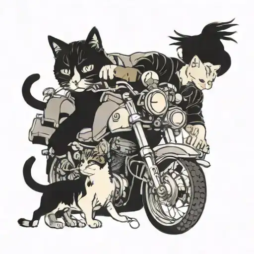 A mechanic working on a motorcycle surrounded by playful anime cats tattoo design idea