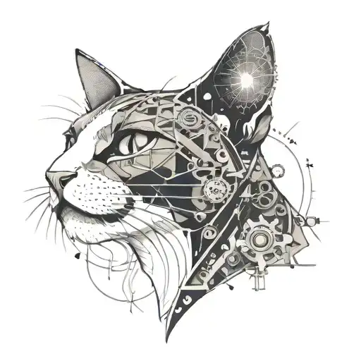 A dotwork tattoo of a cat with mechanical elements inspired by anime aesthetics tattoo design idea