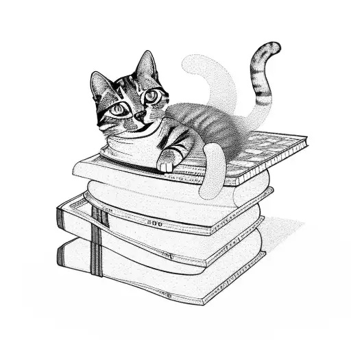 A cat sitting on a pile of business books, representing the balance between work and leisure tattoo design idea