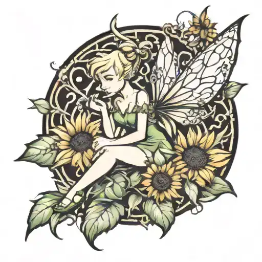 Tinkerbell  sitting on sunflower  tattoo design idea