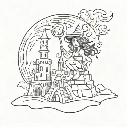 Outline of a postage stamp with a girl in a sandcastle and a witch on fire tattoo design idea