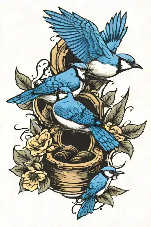 3 baby foot prints and a bluejay taking flight tattoo design idea