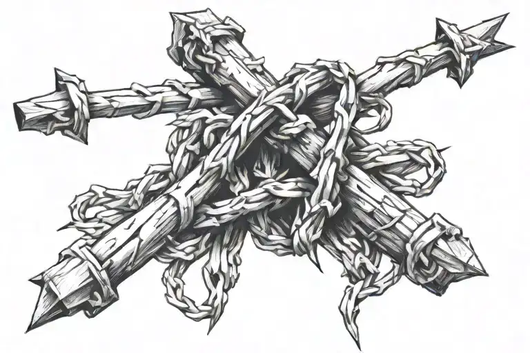 barbed wire with cross intertwined wrapped around bicep right below the shoulder tattoo design idea