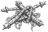 barbed wire with cross intertwined wrapped around bicep right below the shoulder tattoo design idea