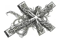 barbed wire with cross intertwined wrapped around bicep right below the shoulder tattoo design idea