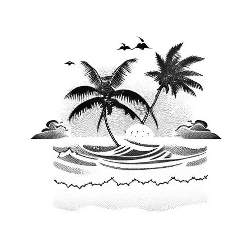 A silhouette of a beach sunset with palm trees and waves tattoo design idea