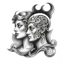 Gemini, 2 faces, moon,  tattoo design idea