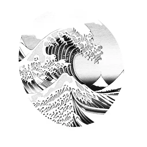 waves of kanagawa, with a samurai in a ship sailing into them tattoo design idea