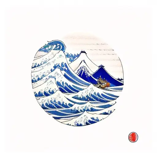 waves of kanagawa, with a samurai in a ship sailing into them tattoo design idea