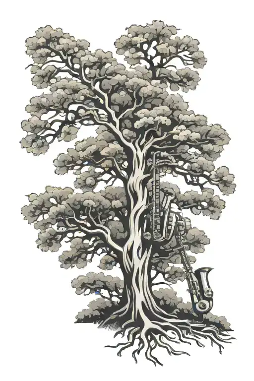 oak tree with saxophone led on it  tattoo design idea