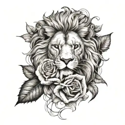 A realistic rose intertwined with a fierce lion's mane tattoo design idea