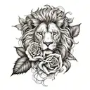 A realistic rose intertwined with a fierce lion's mane tattoo design idea