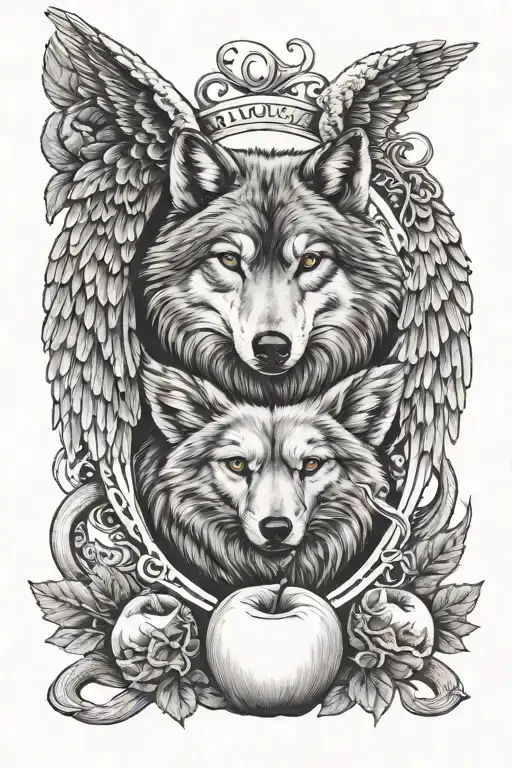 Wolf Face Angel wings Apple and snake around the apple  tattoo design idea
