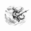 A captivating composition of a mountain range, with lightning bolts forming the shape of a dragon flying through the peaks and a sword piercing through the heart of the tallest mountain tattoo design idea