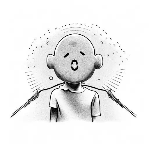 a child playing an acoustic guitar on a bed with soundwaves coming out of his head, ghosts him tattoo design idea