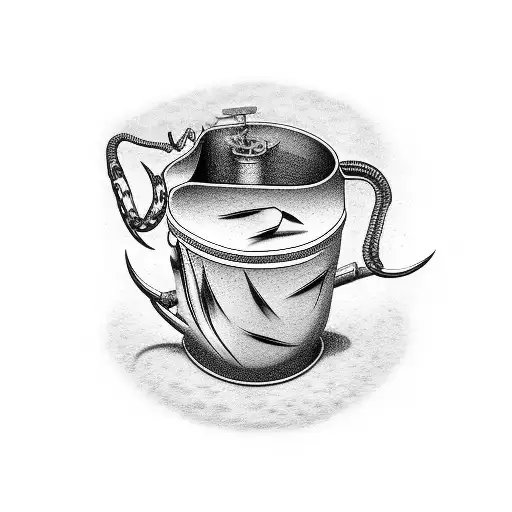 A beer mug surrounded by various fishing hooks and lures tattoo design idea