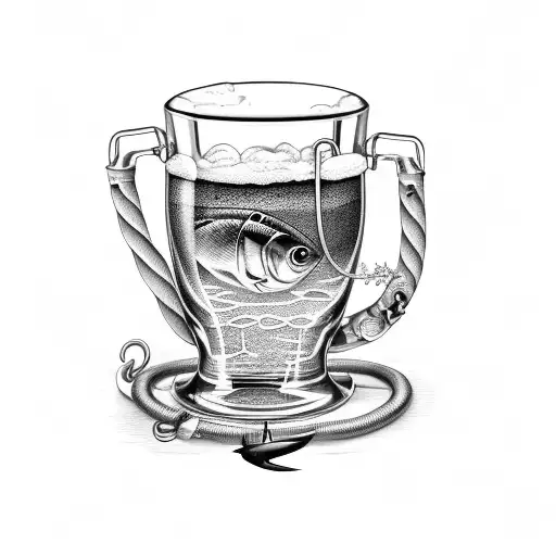 A beer mug surrounded by various fishing hooks and lures tattoo design idea