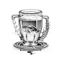 A beer mug surrounded by various fishing hooks and lures tattoo design idea