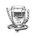 A beer mug surrounded by various fishing hooks and lures tattoo design idea