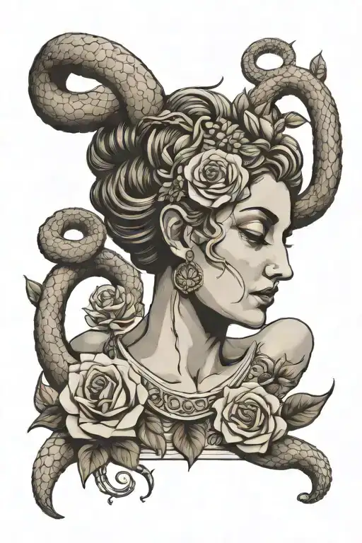 Greek female headless statue with roses and snakes tattoo design idea