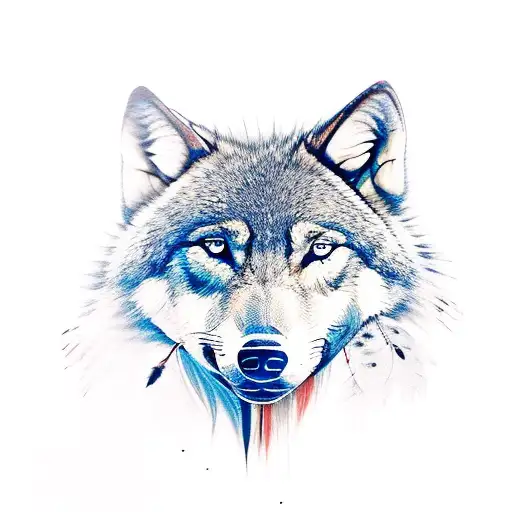 side profille of the head of a wolf wearing a native american indian head dress with lots of feathers tattoo design idea