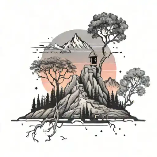 A dotwork tattoo of an abstract mountain scene with an electrician's tool belt hanging from a tree branch, symbolizing the balance between work and family tattoo design idea