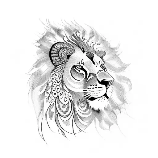 peacock feathers and lion on top tattoo design idea