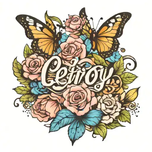 the name Leroy with butterflies and flowers tattoo design idea