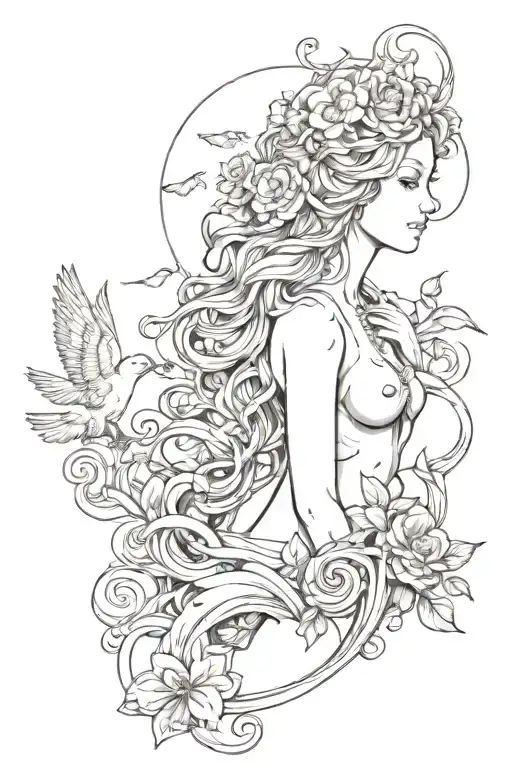 vertical spine tattoo. outline of the birth of Venus emerging from  her shell including doves, Myrtle roses and doves  tattoo design idea