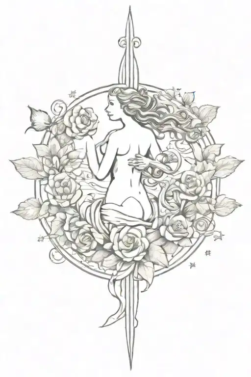 vertical spine tattoo fine line, the birth of Venus painting including her shell and dainty stars, doves, Myrtle, roses tattoo design idea