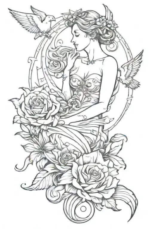 spine tattoo: birth of Venus outline including her shell and doves and Myrtle, roses and dainty stars tattoo design idea