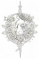 vertical spine tattoo fine line, the birth of Venus painting including her shell and dainty stars, doves, Myrtle, roses tattoo design idea