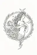 vertical spine tattoo fine line, the birth of Venus painting including her shell and dainty stars, doves, Myrtle, roses tattoo design idea