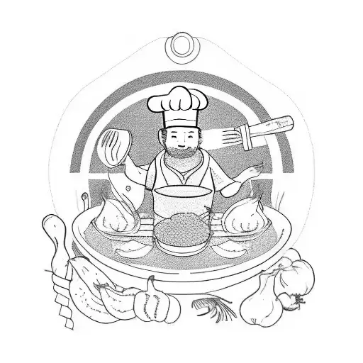 chef cooking in the kitchen surrounded by vegetables with the wok tossing noodles tattoo design idea